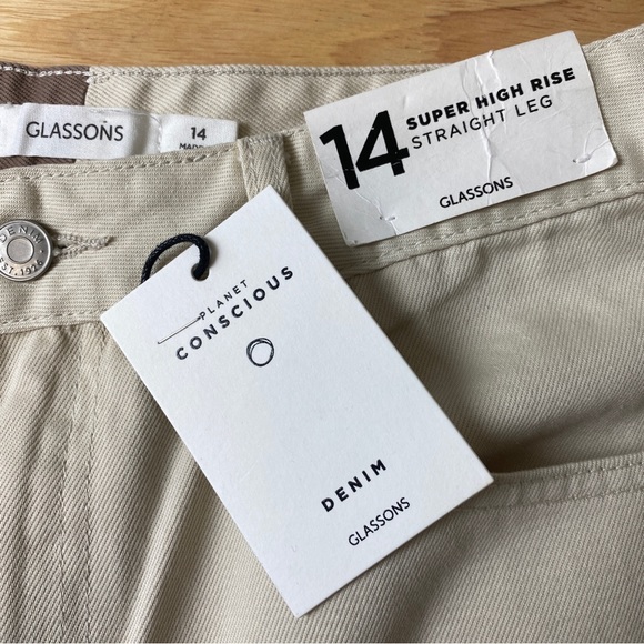 GLASSONS Brown Cream Two Tone Super High Waist Straight Leg Raw Hem Jeans Sz 14 - Picture 4 of 10